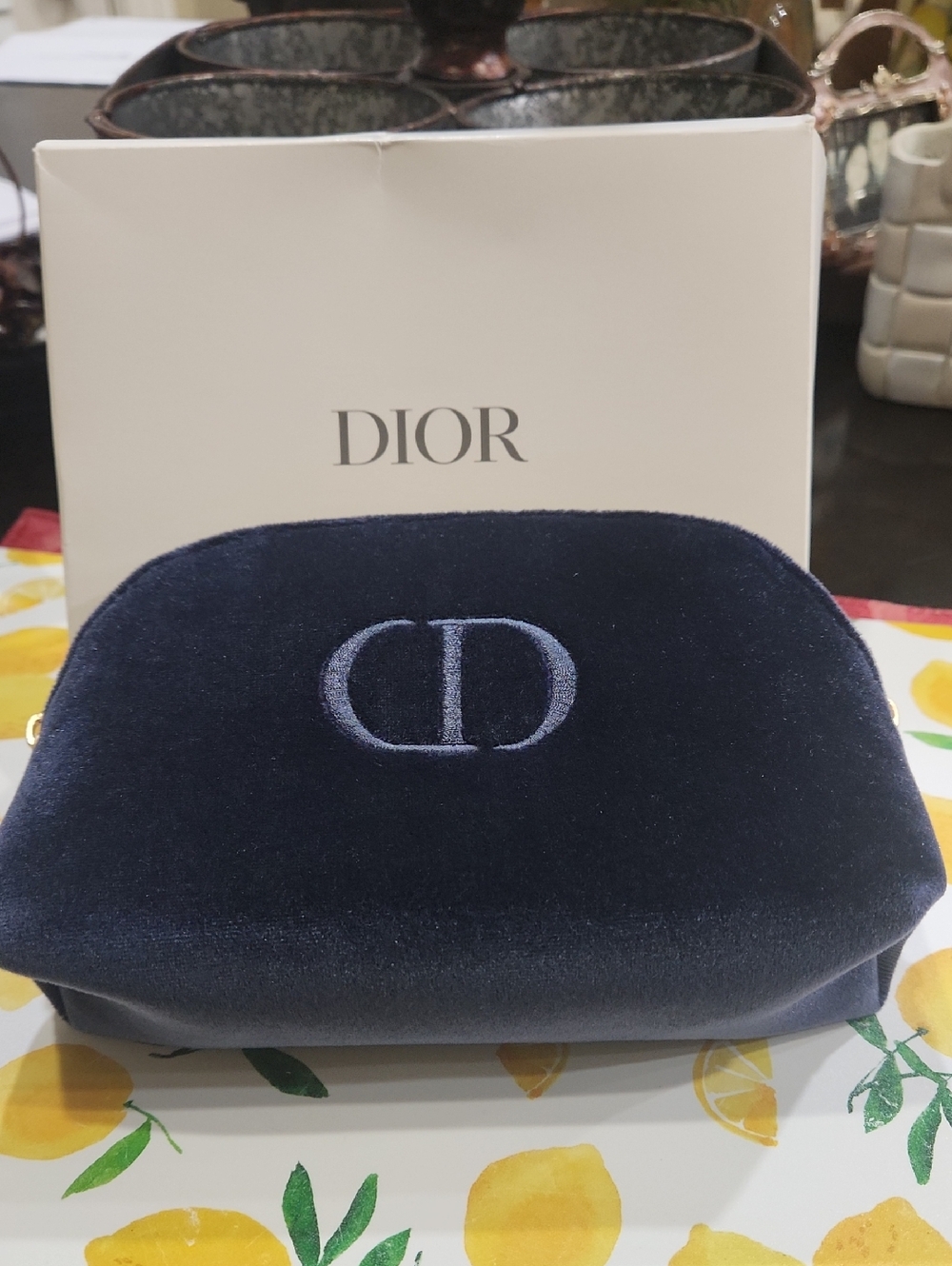 Dior Dark Blue Velvet Cosmetic Pouch with Embroidered CD-NEW
